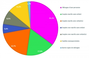 Répartition des ménages privés wallons selon le type au 1er janvier 2016 (en pourcentage)