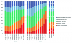 Niveau de diplôme de la population wallonne en 2015, selon l'âge et le sexe