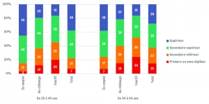 Répartition de la population wallonne selon le niveau de diplôme, par statut BIT et catégorie d'âge en 2015