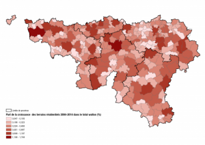 Répartition communale de la croissance wallonne des terrains résidentiels entre 2004 et 2014