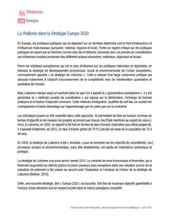 La Wallonie dans la Stratégie Europe 2020 - édition 2017