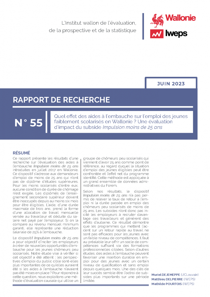 Quel effet des aides à l’embauche sur l’emploi des jeunes faiblement scolarisés en Wallonie ? Une évaluation d’impact du subside Impulsion moins de 25 ans